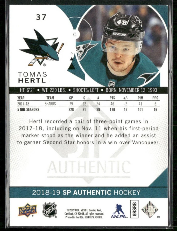 2018-19 SP Authentic #37 Tomas Hertl San Jose Sharks Hockey Card - Image 2 of 2