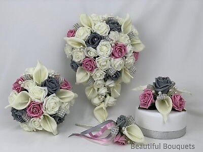 ARTIFICIAL WEDDING FLOWERS BRIDES POSY BOUQUET PINK ROSES CALLA LILIES IVORY