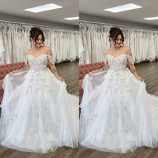 Boho Wedding Dresses Flower Appliques Off The Shoulder Beach Tulle Bridal Gowns