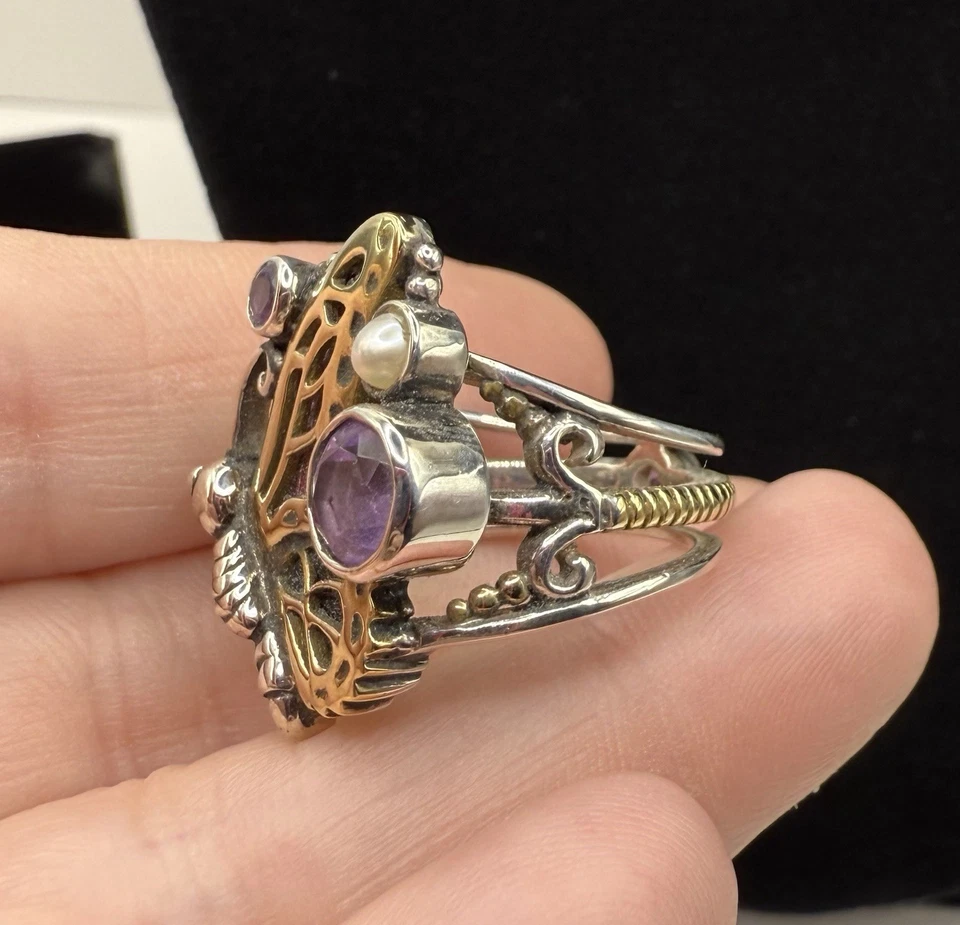 Anel borboleta pérola ametista bronze prata esterlina Echo of the Dreamer tamanho 7 - Imagem 2 de 4