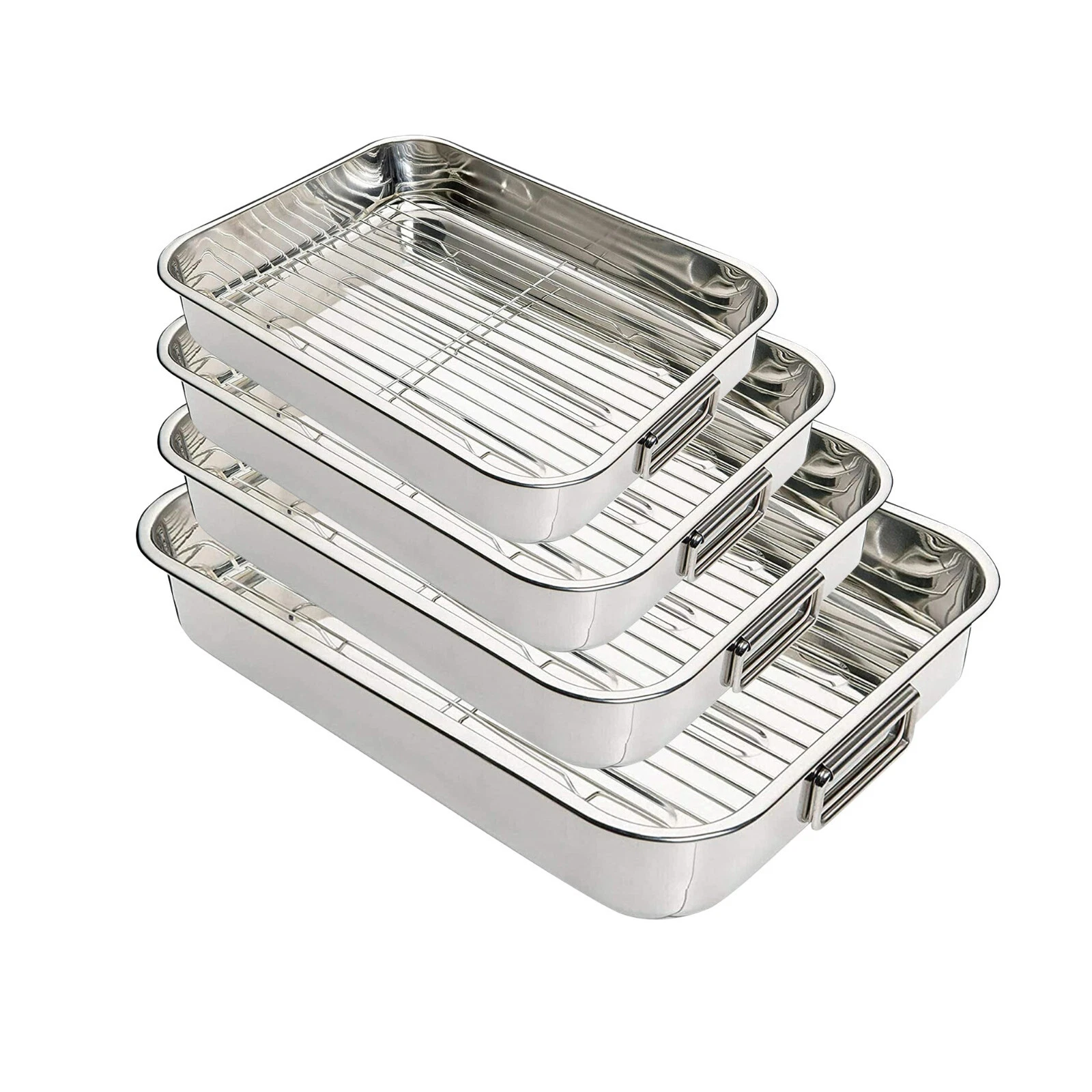 4PCS STAINLESS STEEL ROASTING TRAY OVEN PAN DISH BAKING ROASTER TIN GRILL RACK