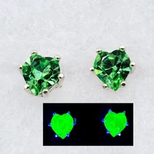 Sterling Heart Uranium Glass Stud Earrings Green Faceted 925 Silver
