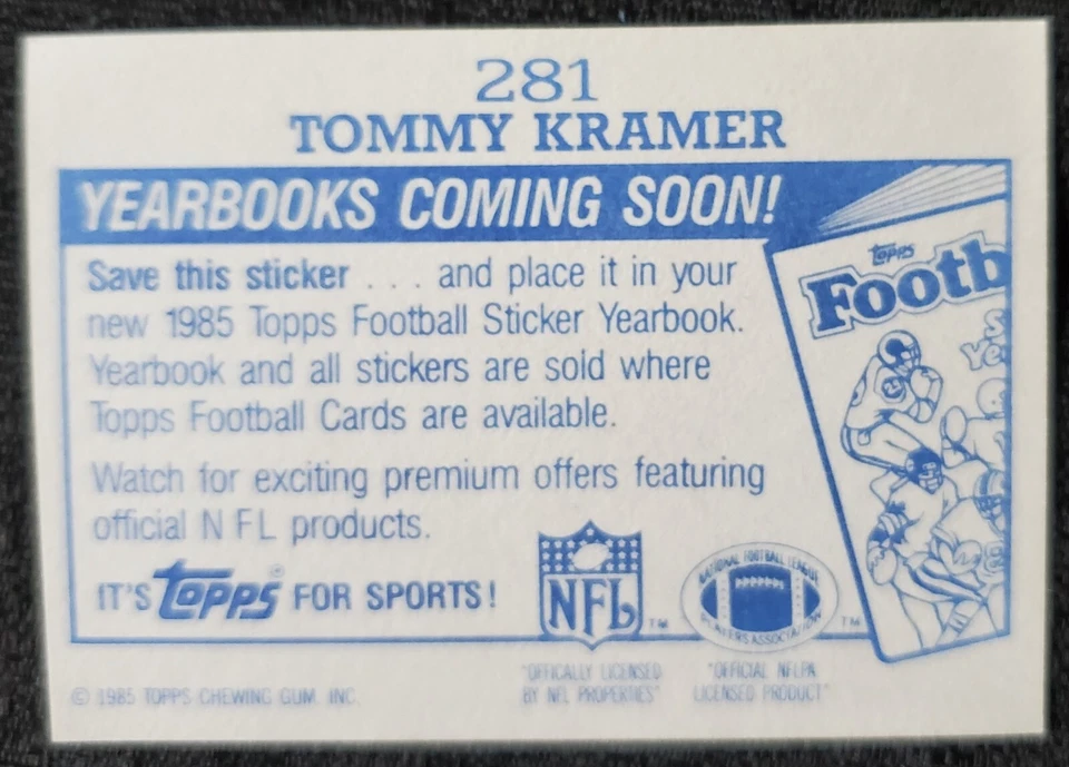 Adesivo 1985 Tommy Kramer Minnesota Vikings NFL Topps #281 - Imagem 2 de 4