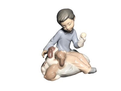 Lladro 6983 Growing up Together Figur Junge mit Welpen Porzellan ohne Karton selten