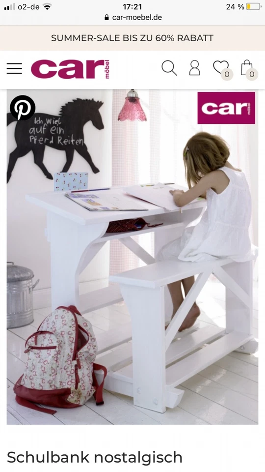 Schulbank nostalgisch weiß von Car aus Kiefer (Kinderschreibtisch mit Sitzbank) 