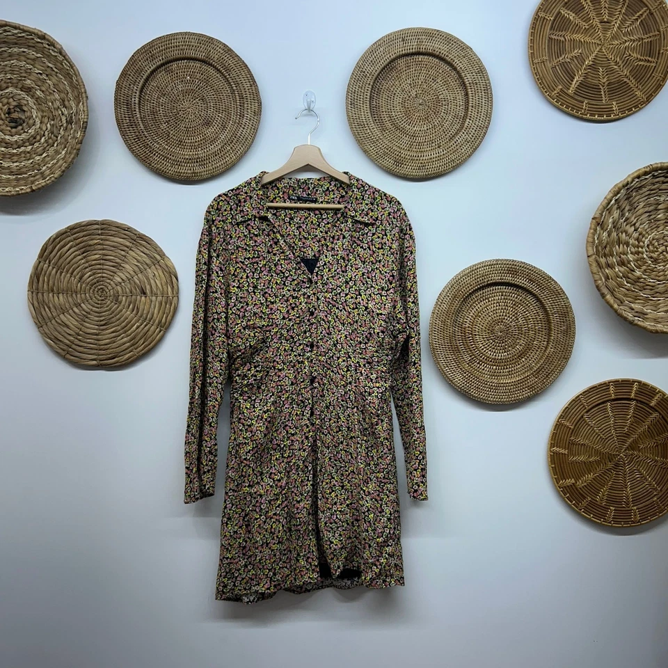 Zara 迷你连衣裙 XL 多彩花朵花卉长袖纽扣前膝 — 第 2/4 张图片
