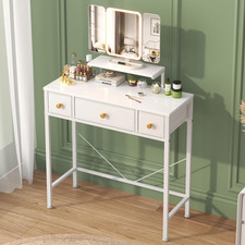 Small Dressing Table with Mirror, Vanity Desk with 3 Fabric Drawers&Height 