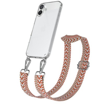 Handykette für Apple iPhone 16 Plus Boho Schnur Hülle Band HellblauRot Silber