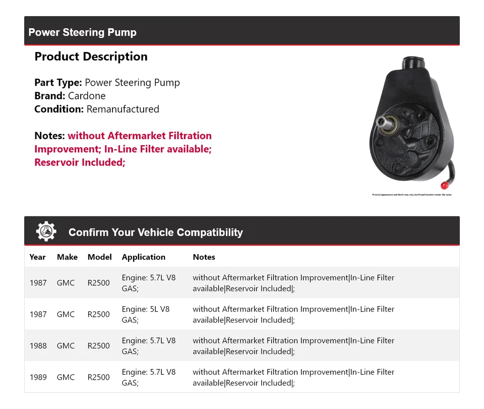 Bomba de dirección asistida Cardone 1988 para GMC R2500 1987-1989 Foto 2 de 4