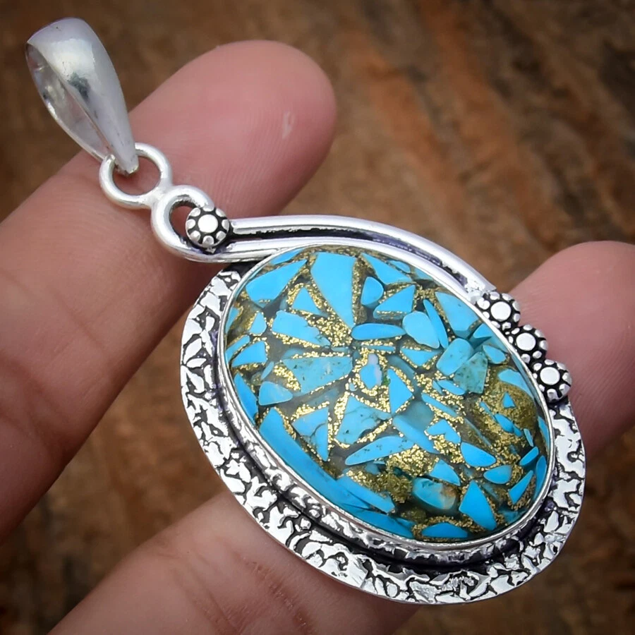 Lush Blau Kupfer Türkis Edelstein 925 Sterlingsilber Handmade Anhänger 6.3cm - Bild 2 von 3