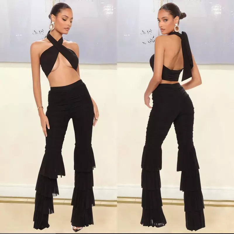 Fashion Women's Mesh Layered Pleated Tasseled Long Flared Pants Party  Trousers