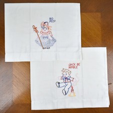 Pair White Cotton Pillow Cases 19x28 Embroidered Nursery Rhymes Jack Bo Peep