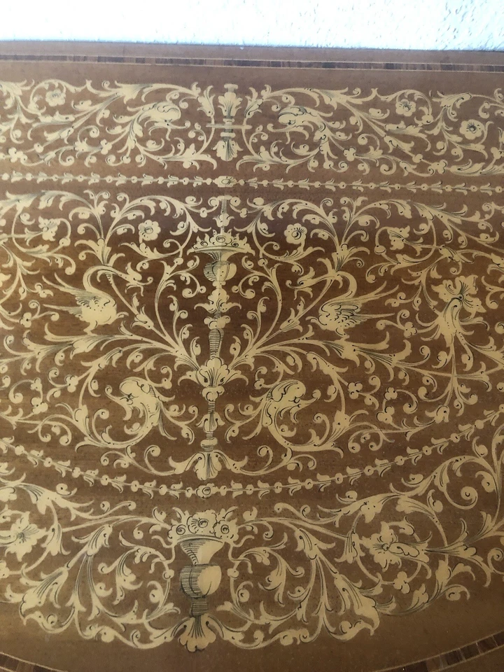 Mesa console vintage italiana estilo rococó madeira acetinada incrustada marchetaria - Imagem 4 de 4