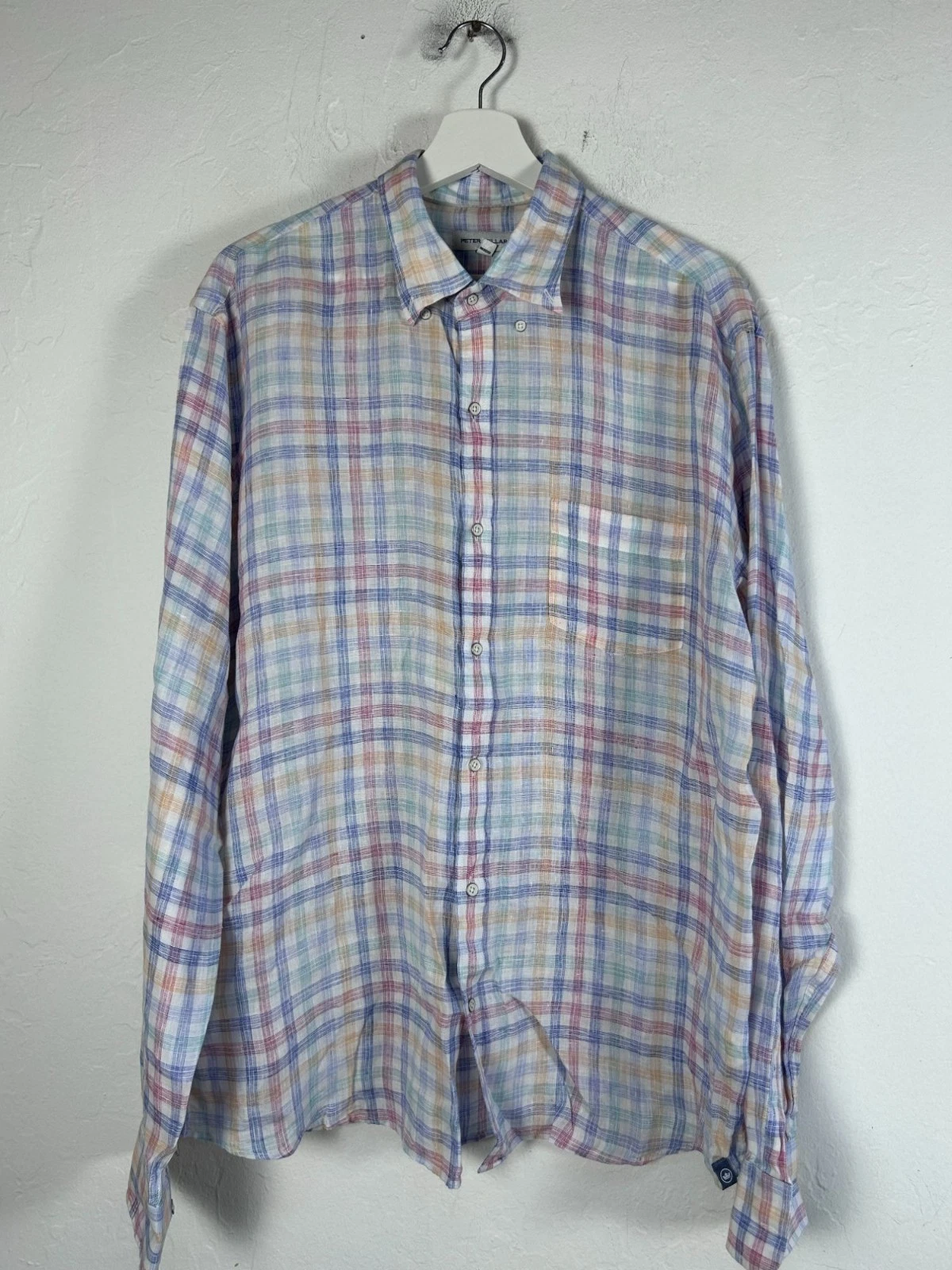 Peter Millar Mens Multicolor Plaid Linen Button-Down Shirt Top Large Long Sleeve