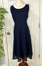 T Tahari Navy Chevron Knit Scoop Neck Sheath Midi Dress Lined Zip Size 14W