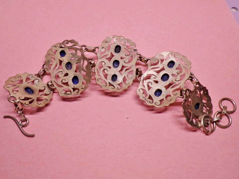 ARGENTO 925 STERLING bracelet bracciale lapis lazuli taxco Mexican style vintage - Immagine 3 di 4