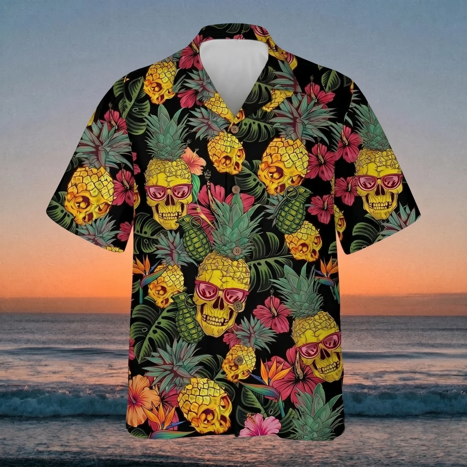 Pineapple Skull Hawaiian Shirt Men Tropical Printed Summer Beach Button Down