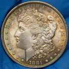 rainbow & gold toned 1881 Morgan Silver Dollar with a tab toned reverse! BU