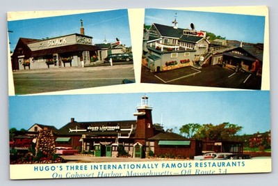Cohasset Harbor MA~Hugos Restaurants~Lighthouse~Shack~Kimballs~1950s Postcard