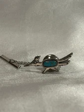 Vtg Signed Bell Trading Co Sterling 925 Turquoise Navajo Roadrunner Tie Tack Pin