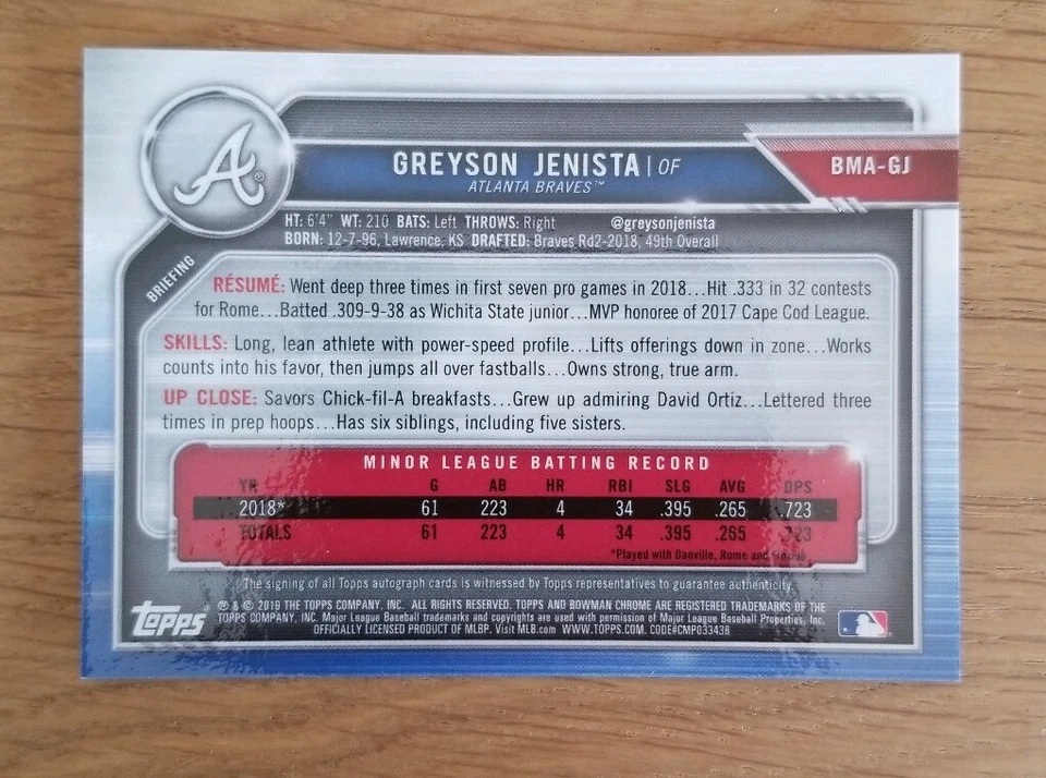 GREYSON JENISTA 2019 Bowman Chrome MEGA BOX MOJO Refractor Auto Braves - Image 2 of 2