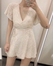 NWT ZARA DUSTY PINK SEQUINNED WRAP DRESS 0881/116