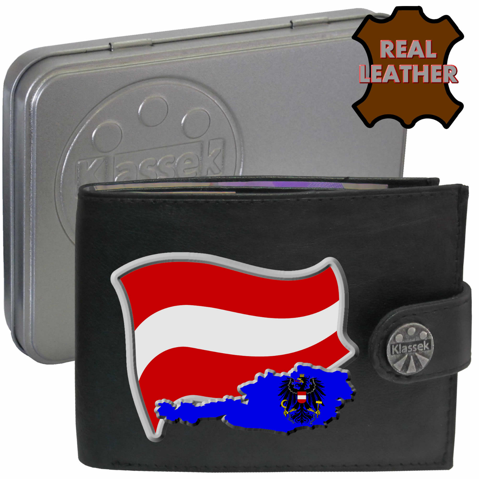 Austria Wallet Soft Real Leather Austrian Flag Map Emblem Men's Gift Tin RFID