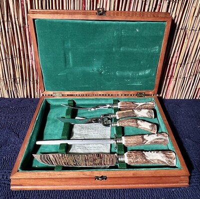 Klaus Tragbar Carved Antler Handle Knife Set VTG Solingen Germany