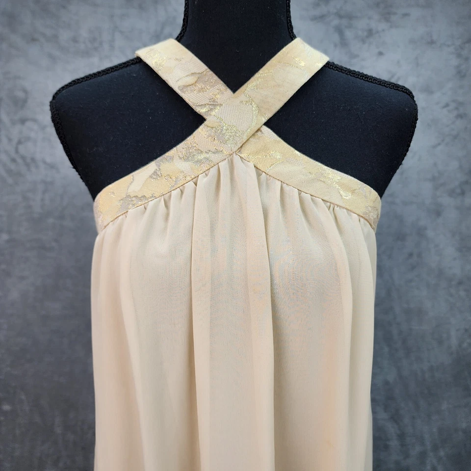 Sexy Mini Vestido Johnny Martin Sin Mangas Talla 7 Beige Dorado Frente Entrecruzado Noche Foto 4 de 4