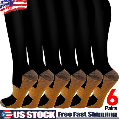 6 Pairs Copper Compression Socks 20-30mmHg Graduated Support Men's Women's