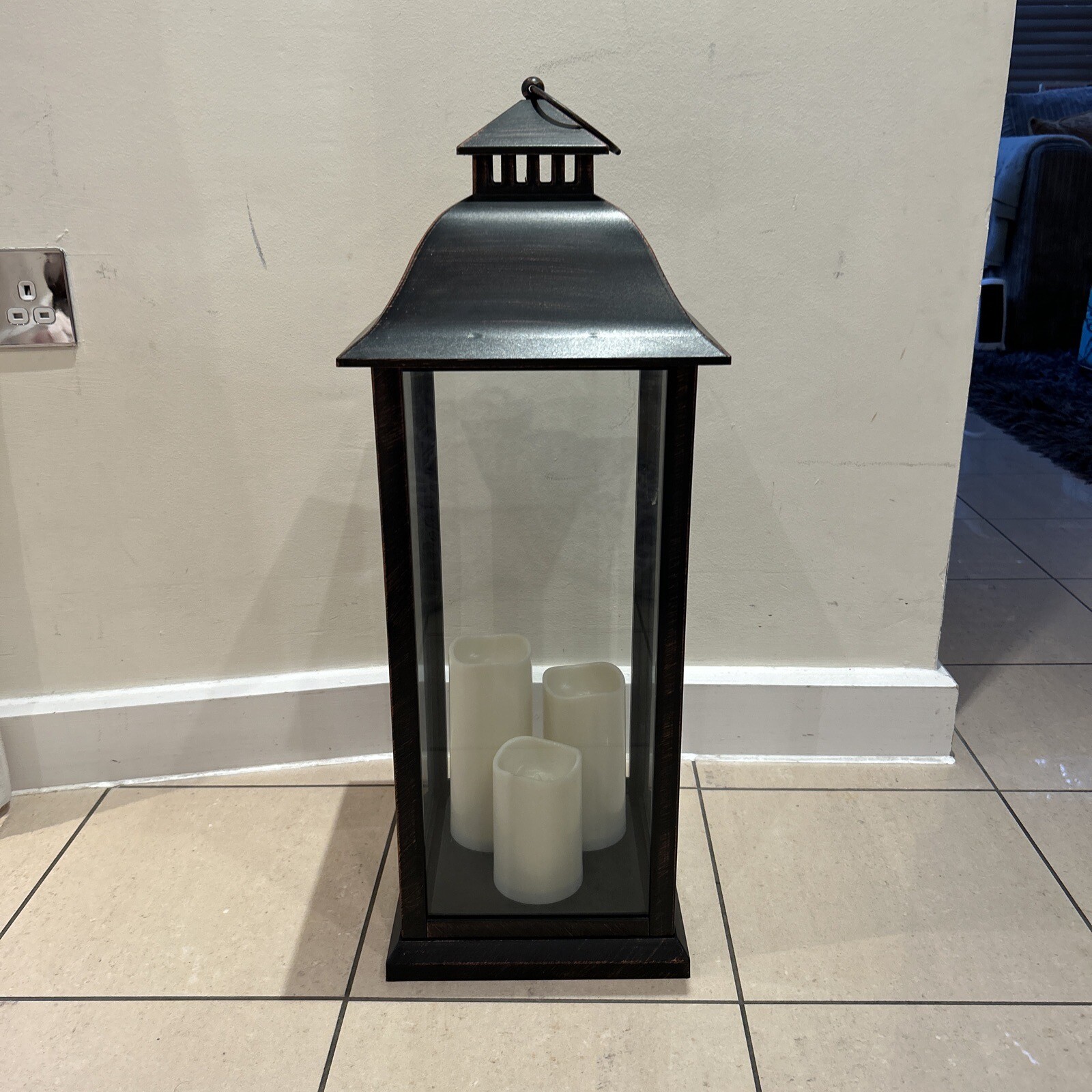 Beautiful Rectangular Bronze Lantern Pillar Candle Holder With Handle