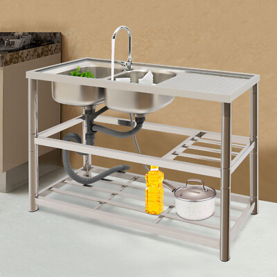 Stainless Steel Commercial Sink Utility Sink 2 Compartment Kitchen w/Prep Table