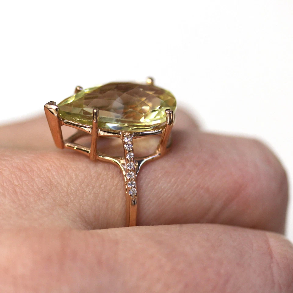 Anillo de cóctel grande de oro rosa de 14 k sólido de cuarzo y diamantes limón natural de 10,15 quilates Foto 4 de 4