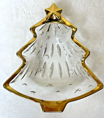5  x 6  Christmas Tree Glass Candy Dish with Gold Plated Trim, Very Nice