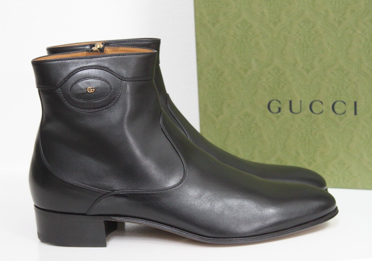 New sz 13 US / 12 UK GUCCI Adel Double G Black Leather Boot Shoes