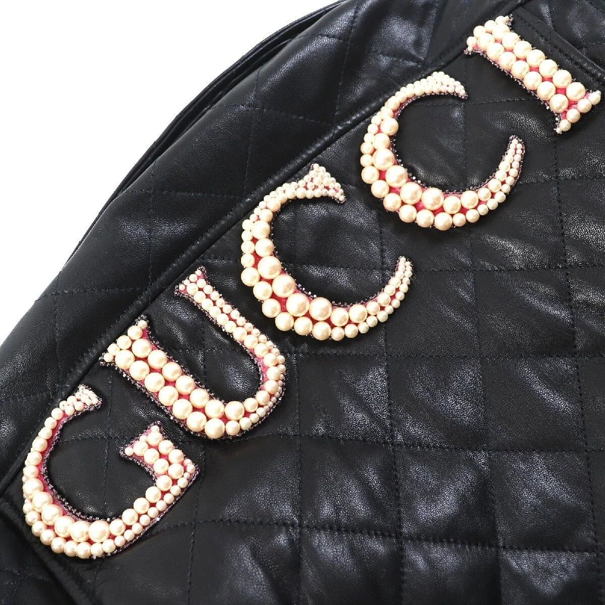 GUCCI 502674 Giacca Pilota Trapuntata Pelle di Agnello Logo Perla Riders Nero 36