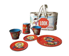 Antique Child  s Toy Tin Lithograph Tea Set Ohio Art W.D Jiminy Cricket Lunch Box