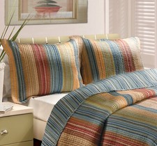 NEW COZY MODERN LODGE SOFT BROWN RED BLUE DENIM GREEN ORANGE STRIPE QUILT SET