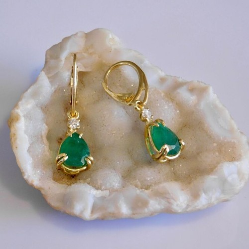 Simulated Pear Emerald & Moissanite Anniversary Hoop Earrings In 10K Yellow Gold - Picture 3 of 6