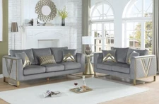 NEW 2PC Gray Gold Sofa Loveseat Contemporary Modern Glam Velvet Living Room Set