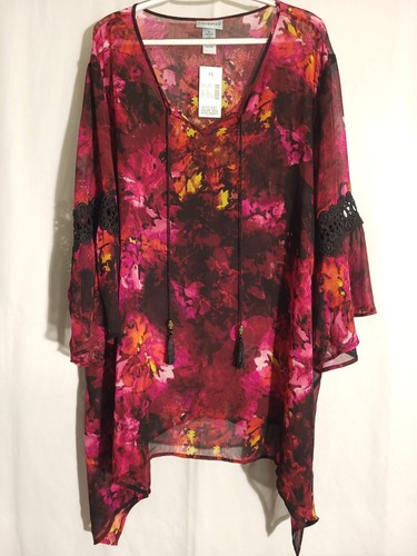Catherines-NWT-Pink Red Black White Yellow Floral Semi-Sheer Long Sleeve Top-4X