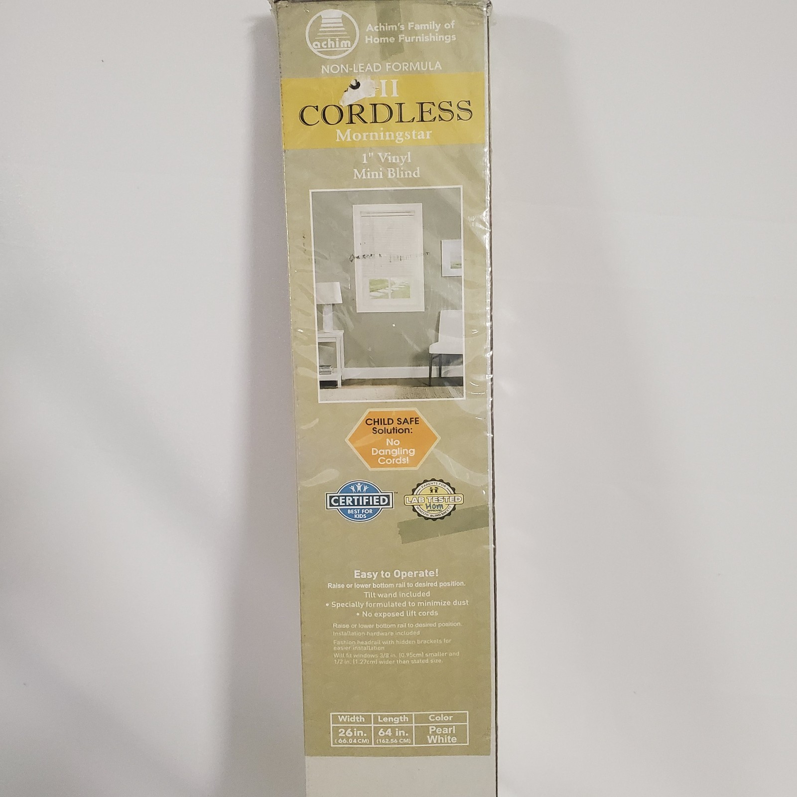 CORDLESS Easy Lift MINI BLIND - 26 in Width, 64 in Length, 1" Slat, PEARL WHITE,