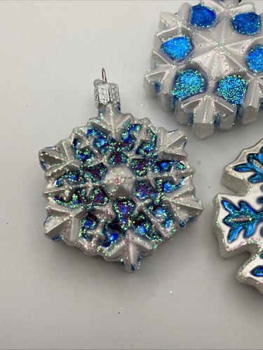 Old World Christmas Glass Holiday Blue White Snowflake Lot 3 Glitter Ornament - Picture 2 of 6