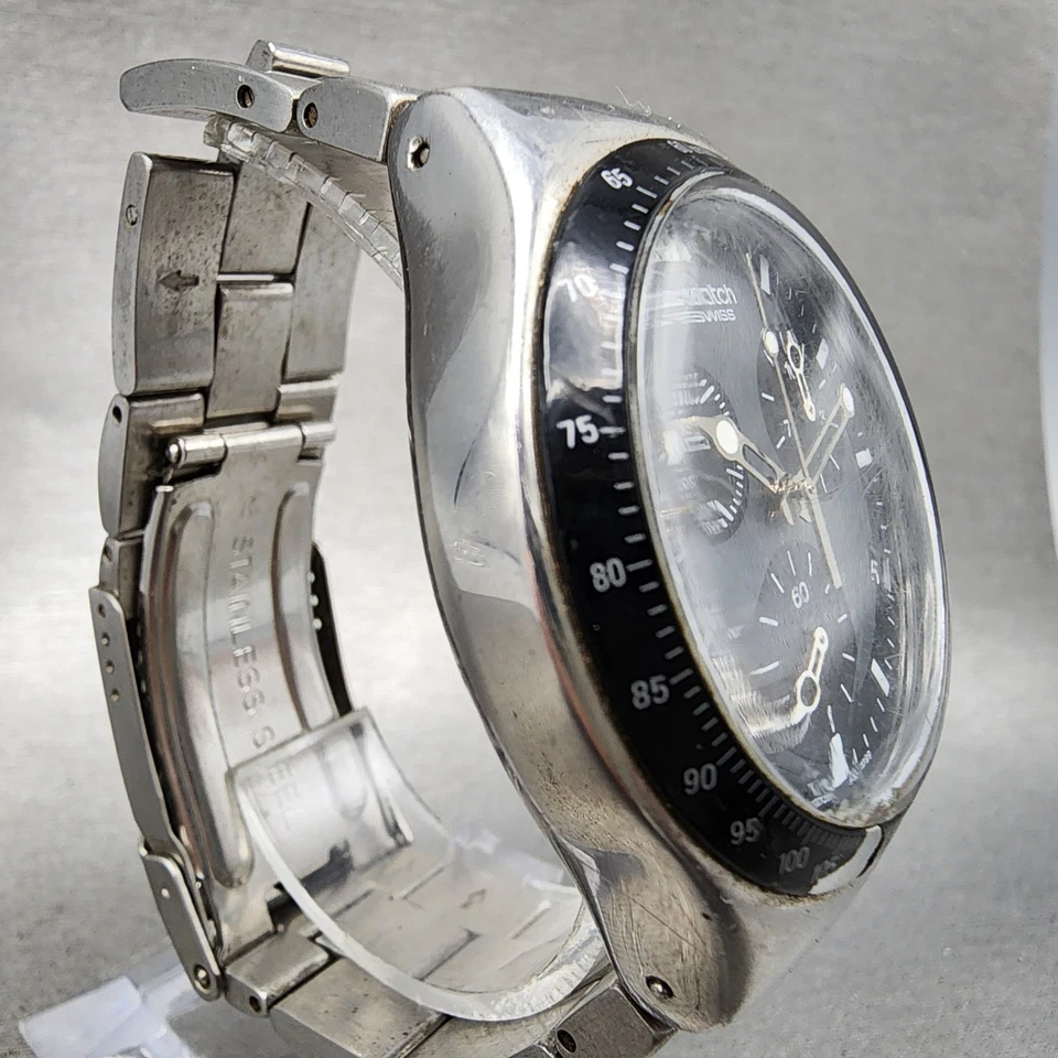 Reloj Swatch Irony Cronógrafo Windfall Hombre 40mm Esfera Negra Tono Plateado Batería Nueva Foto 4 de 4