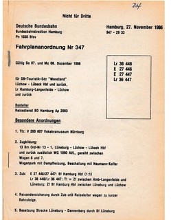 Timetable arrangement No. 347 for DB Tourism Special Train "Wendland" from 27. 11. 1986