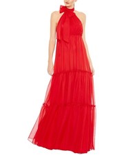 Mac Duggal Ruched Tiered High Neck Bow A Line Gown Women's