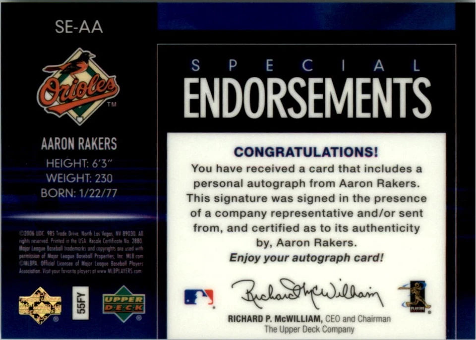 2006 Upper Deck Special F/X Special Endorsements #AA Aaron Rakers AUTO - BB - Image 2 of 2