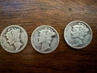 Lot of 3 90% Silver Mercury Dimes 10C (1916-1945) Circulated