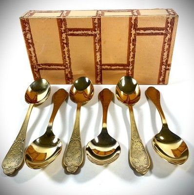 VTG Boxed Set of 6 Mstera Melchior GoldWash Soup Spoons 1 ЮМ Soviet 1971 7'' READ
