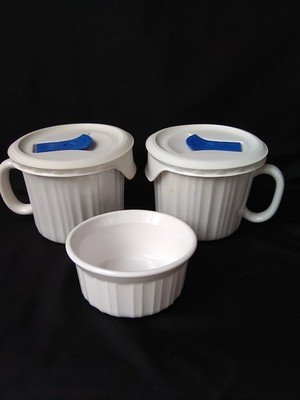 Vintage Set of 2 Corning Ware French White Soup Mugs & Lids-1 Small Dip Bowl